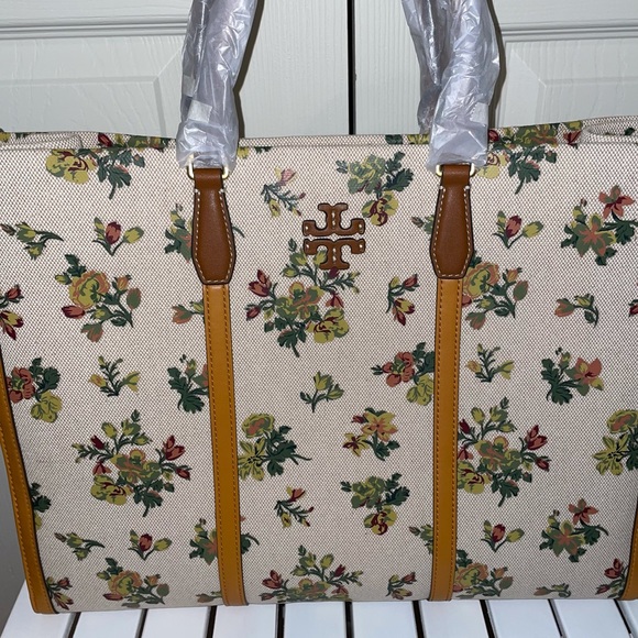 Tory Burch jumbo canvas tote shoulder bag natural rose floral yellow beige - Picture 3 of 14